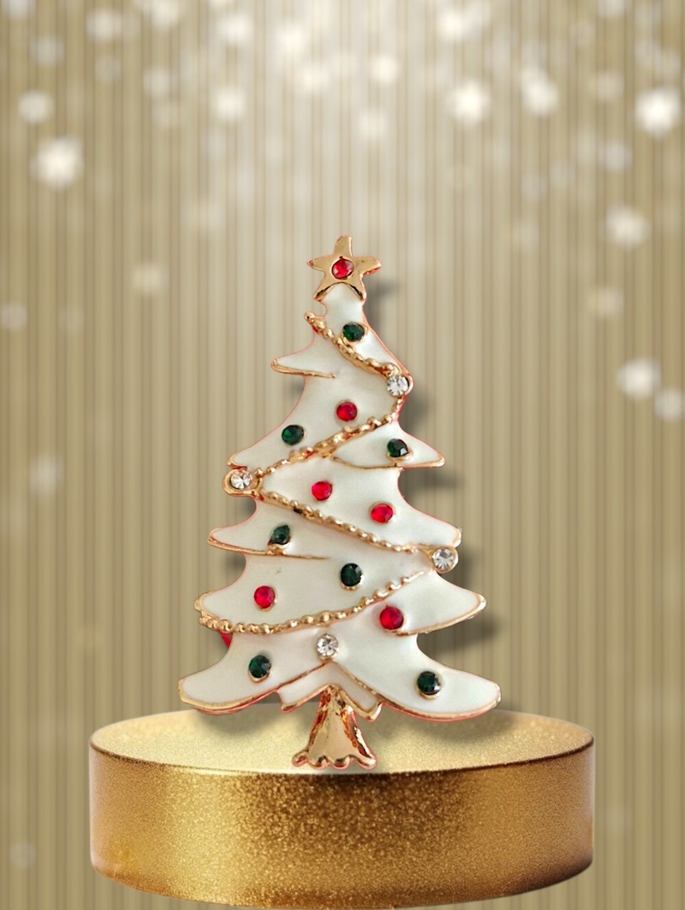 Elegant White Enamel Christmas Tree Brooch with Colored Crystals
